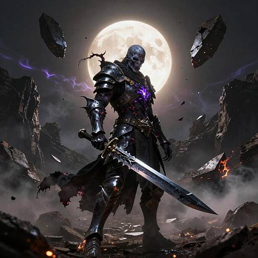 Digital artwork of a muscular, armored warrior with a glowing sword, standing under a full moon, surrounded by debris and dark mountains.