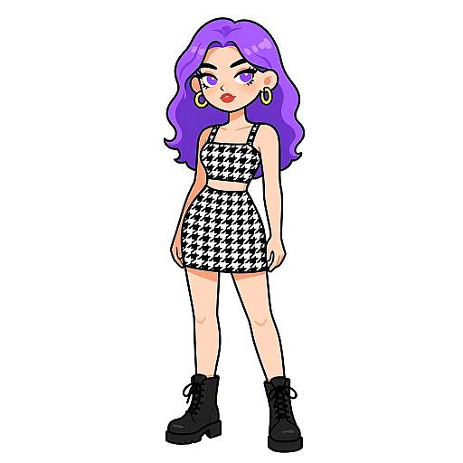 Grunge Woman with Purple Hair in Houndstooth Outfit