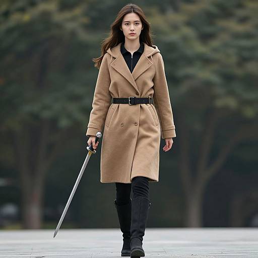 Photograph of a serious young woman with long brown hair, wearing a tan coat, black belt, and black pants, holding a sword, walking against