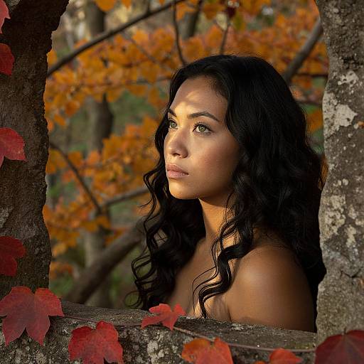 Photograph of a beautiful, dark-haired woman with green eyes, gazing thoughtfully through a tree window, surrounded by autumn leaves.