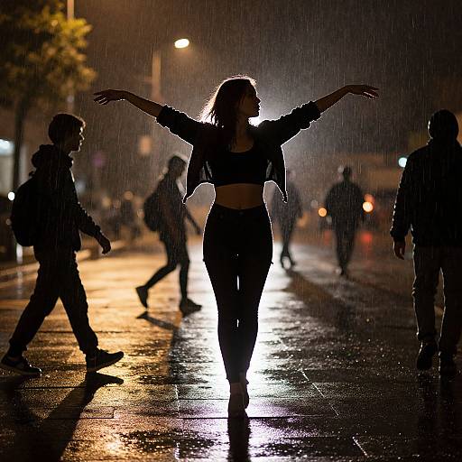 Silhouetted woman with arms outstretched walks in rain on wet street at night, backlit by streetlights, surrounded by blurred figures.
