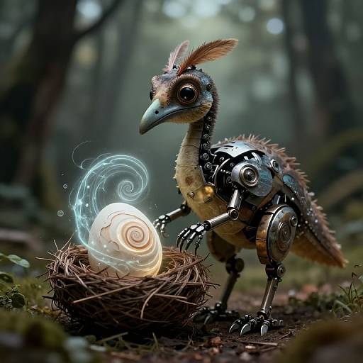Digital artwork of a robotic, steampunk-inspired bird with metallic limbs and feathers, standing in a forest, guarding a glowing egg in a nest.