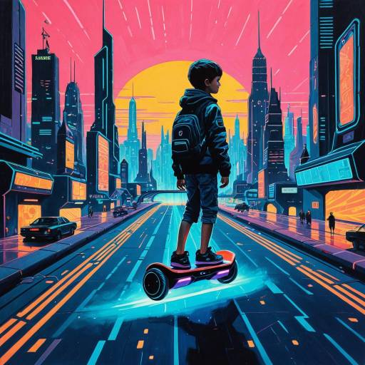 Child Riding Hoverboard in Neon Futuristic City
