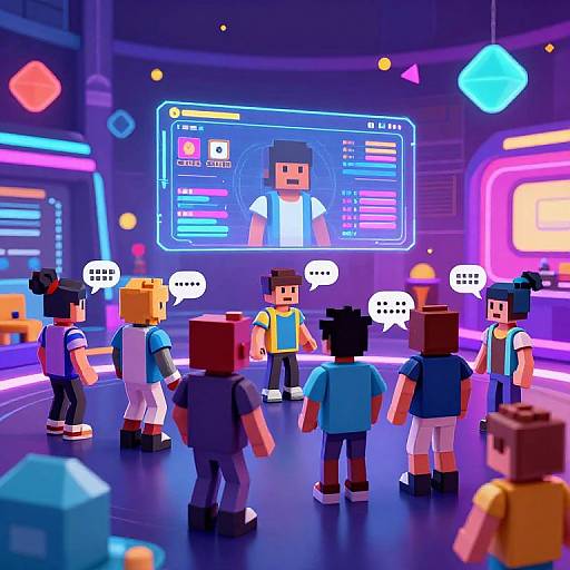 Pixel art of six blocky, cartoon-style characters standing in a neon-lit room, facing a digital screen displaying a character selection menu. Speech bubbles