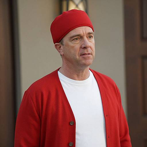 Photograph of a middle-aged man with fair skin, wearing a red cap, red cardigan, and white shirt, standing outdoors.