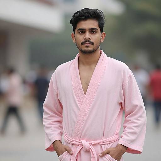 Photograph of a young South Asian man with dark hair, trimmed beard, wearing a light pink martial arts robe, standing confidently outdoors, with a blurred