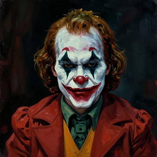 Digital painting of a menacing Joker with white face paint, red nose, black star-shaped eyes, red lips, and red coat, against a dark background