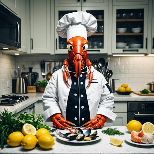 Cartoon Lobster Chef Preparing Seafood