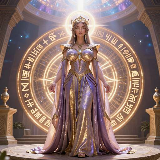 Digital art of a regal woman in a shimmering, gold-embellished purple gown, standing before a glowing, celestial zodiac circle.