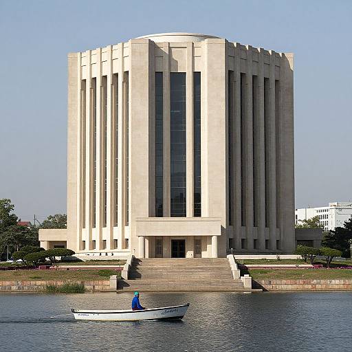 Photograph of a tall, beige, modernist building with vertical columns, surrounded by a calm river, and a small white boat with a blue-ro