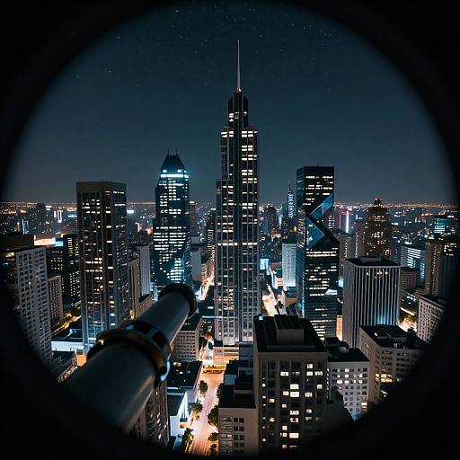 Nighttime photograph of a city skyline through a telescope lens, showing illuminated skyscrapers and streetlights, with a starry sky above.