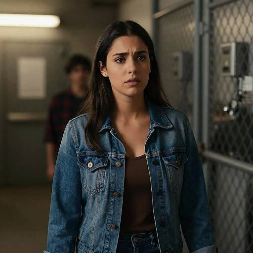Photograph of a concerned-looking woman with long dark hair, wearing a blue denim jacket over a brown top, standing in a dimly lit industrial hallway