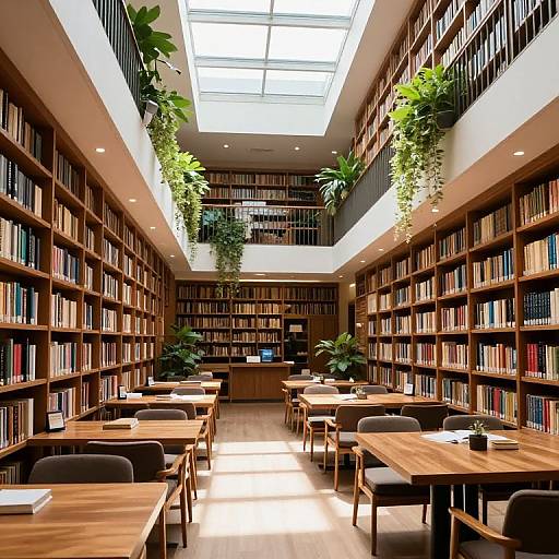 Sunlit Library with Greenery and Skylights