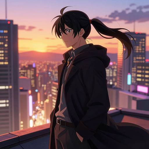 Anime-style digital drawing of a serious, dark-haired man with glasses, wearing a black coat, standing on a rooftop at sunset, with a cityscape