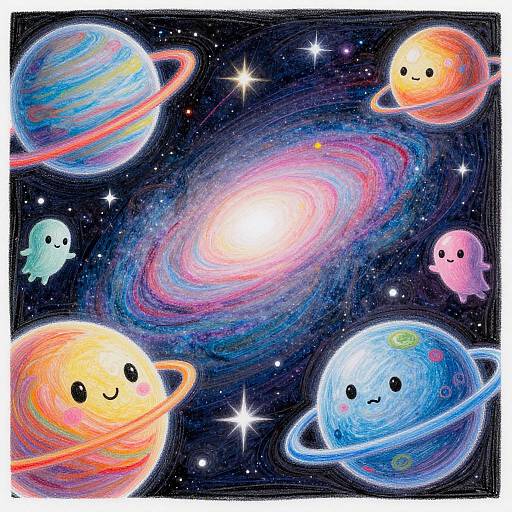 Whimsical digital illustration of a colorful galaxy with cute, smiling planets and ghosts, surrounded by stars and vibrant, swirling nebulas.
