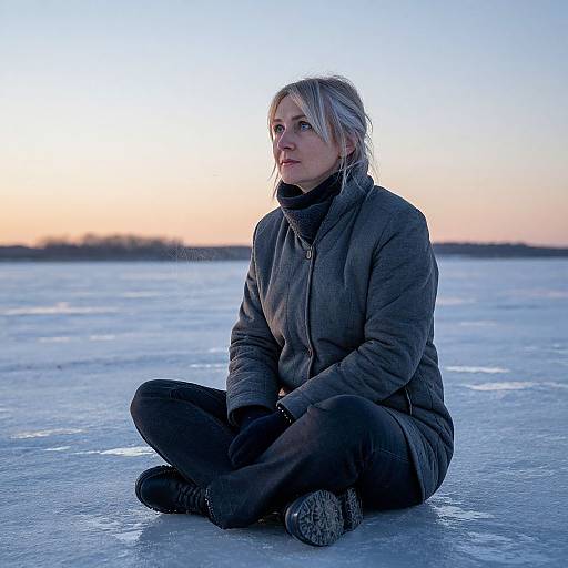 Photograph of a blonde woman in a gray jacket and black pants, sitting cross-legged on a frozen lake at sunset.