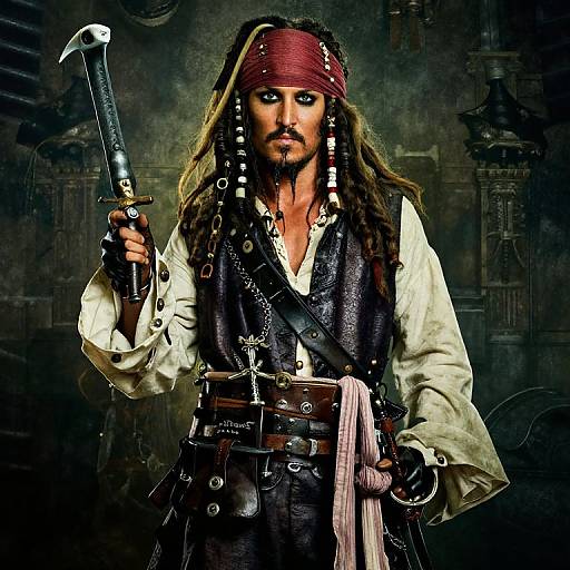 Photograph of a pirate with tattered red bandana, long dreadlocks, white shirt, black vest, holding a dagger, dark smoky background