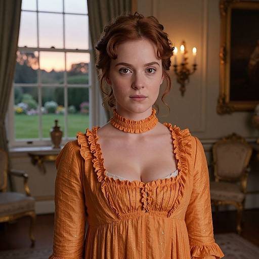 Photograph of a young woman with fair skin and red hair, wearing an orange, ruffled Victorian-style dress, standing in a dimly lit,