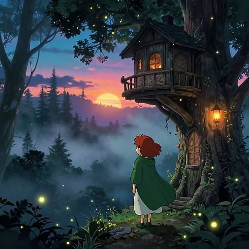 Digital anime-style drawing: A red-haired child in a green coat and white dress gazes at a whimsical treehouse at twilight, surrounded by glowing