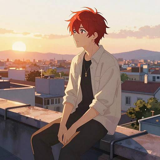 Anime-style digital drawing of a red-haired boy in a white shirt and black pants, sitting on a rooftop at sunset, cityscape in background.