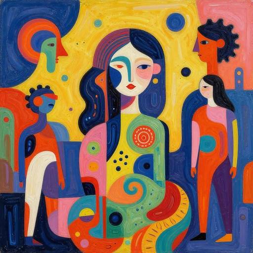 Vibrant, abstract painting of four stylized, colorful figures with large heads and flowing hair, set against a bright yellow and blue background. Bold