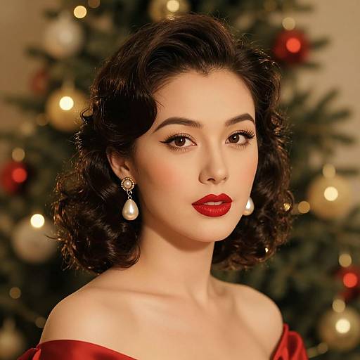 Photograph of a fair-skinned woman with dark, wavy hair, red lipstick, pearl earrings, red off-shoulder dress, against a