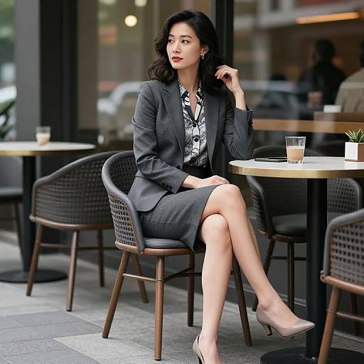 Photograph of an Asian woman with wavy black hair, wearing a gray blazer, black-and-white patterned blouse, and gray skirt, sitting