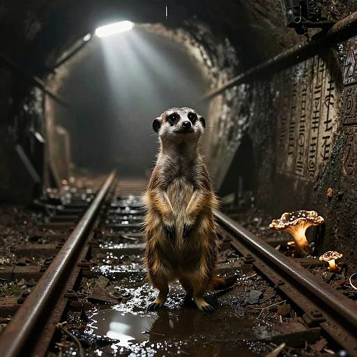 Photograph of a meerkat standing on a wet, darkened railway track in a dimly lit, arched tunnel with beams of light,