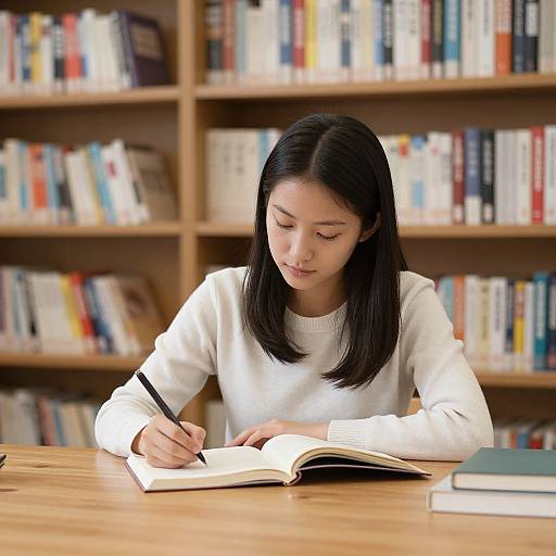 Asian woman with straight black hair, white sweater, writing in open book at wooden table, surrounded by bookshelves in library.