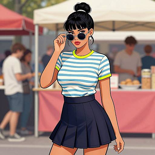 Digital drawing of a stylish woman in a blue-and-white striped shirt, black skirt, and sunglasses, adjusting her glasses at a bustling outdoor market.