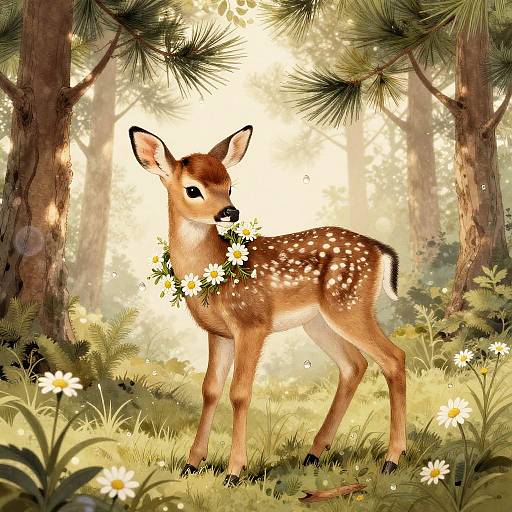 Gentle Spotted Fawn with Daisy Garland in Pine Grove