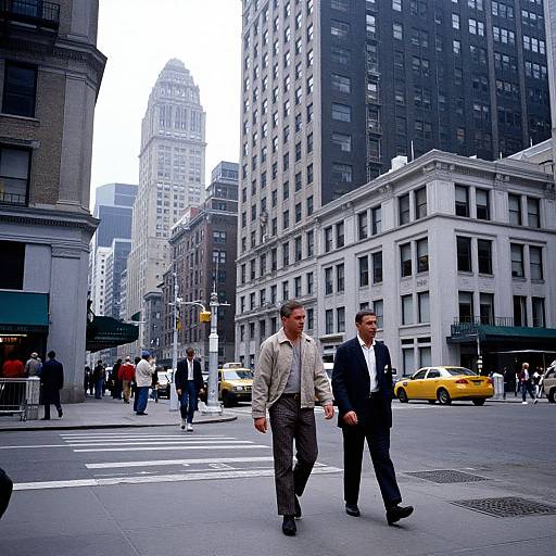 Photograph of two men in business suits crossing a busy urban street, surrounded by tall buildings, yellow taxis, and pedestrians.