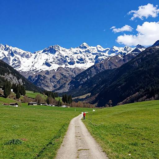 Photograph of a person in a red shirt walking on a gravel path through a green meadow, with snow-capped mountains and a bright blue sky