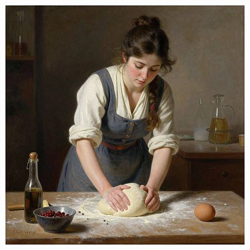 Realistic painting of a young woman with dark hair in a braid, wearing a blue apron and white shirt, kneading dough on a flour