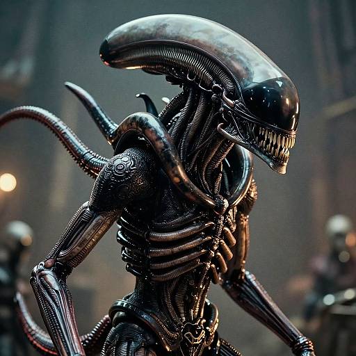 Photorealistic CGI of a sleek, black, alien creature with a long tail and ridged exoskeleton, set in a dimly lit,