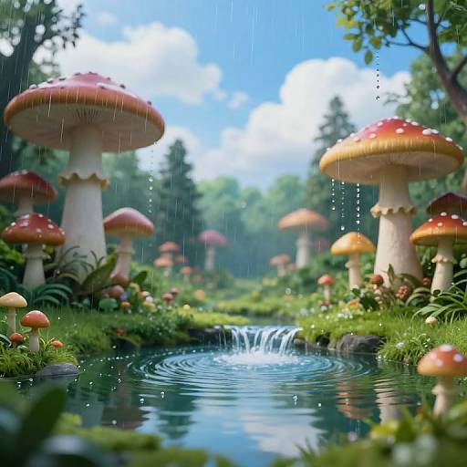 Fantastical forest scene with large red and white mushrooms, a small waterfall, and a reflective pond under a rainy blue sky.