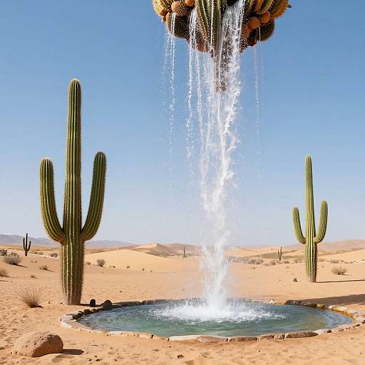Digital art of a desert with cacti, a clear blue sky, and a water-filled oasis being irrigated by a falling, spherical cactus