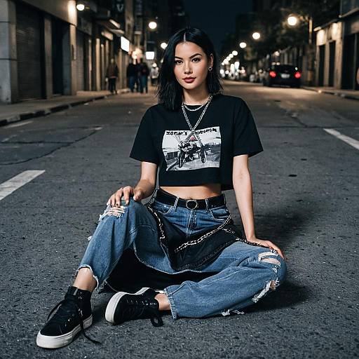 Woman in Edgy Y2K Streetwear Sitting on Urban Street