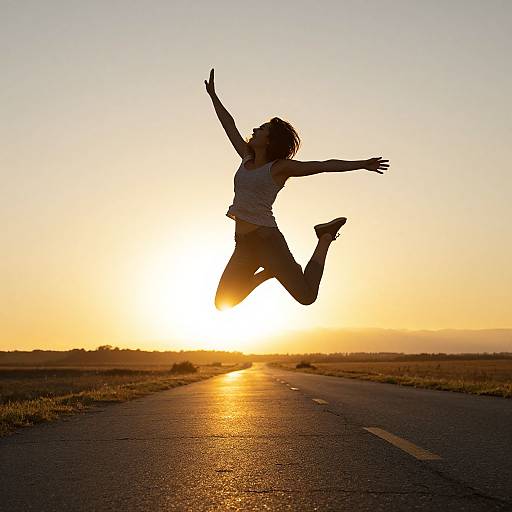 Photograph of a silhouetted person jumping joyfully on a deserted road at sunset, arms outstretched, sun glowing behind them.