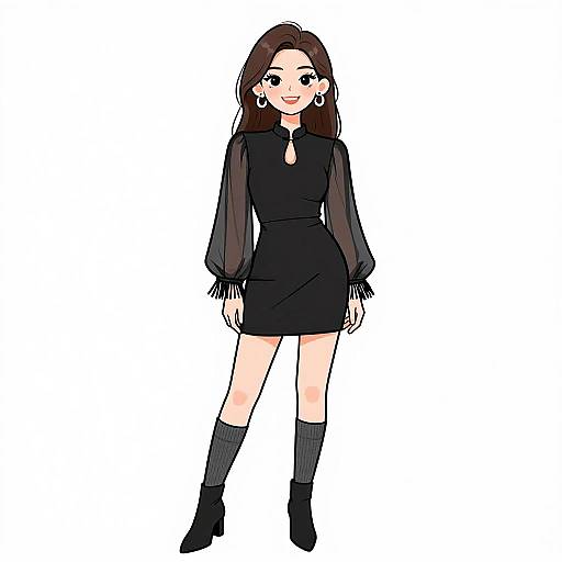 Digital anime-style drawing of a smiling woman with long brown hair, wearing a black sheer long-sleeve top, black mini skirt, black knee-high