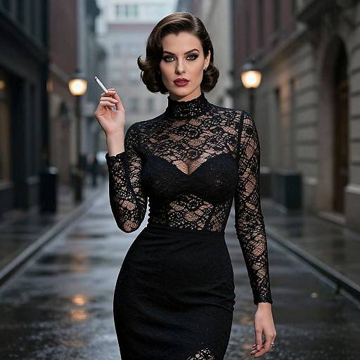 Photograph of a confident woman with dark, wavy hair, wearing a black lace long-sleeve dress, holding a cigarette, standing in a