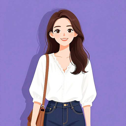 Digital anime-style drawing of a smiling woman with long brown hair, wearing a white blouse, dark blue jeans, brown shoulder bag, against a purple background