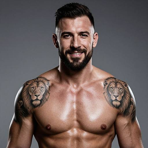 Muscular Bearded Man with Lion Tattoos