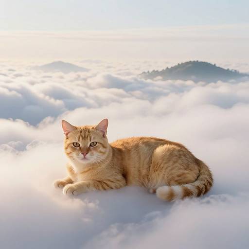 Orangish tabby cat lounges on fluffy white clouds with a serene mountain peak in the bright morning sky background. Photograph.