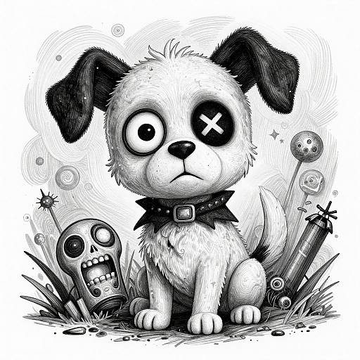 Black-and-white digital drawing of a cute, wide-eyed dog with X-shaped eyes, collar, surrounded by a skull, syringe, and bubbles.