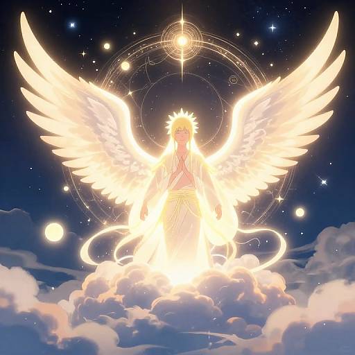 Digital anime-style illustration of a radiant, golden-winged angel with sun-like halo, sitting on clouds against a starry night sky.