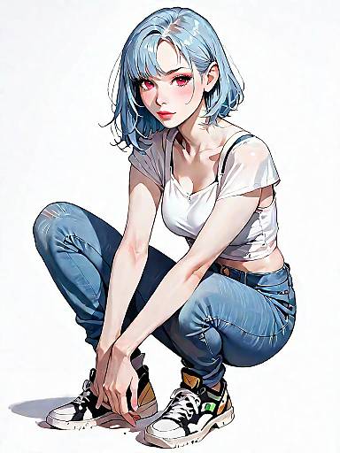 Young Woman in Casual Streetwear Squatting