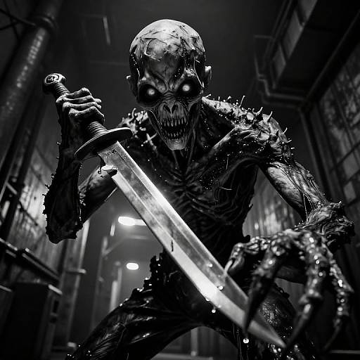 Photorealistic black-and-white digital artwork of a grotesque, skeletal monster with glowing eyes, sharp teeth, and spikes, wielding a glowing sword in