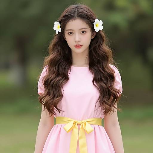 Photograph of an East Asian woman with long, wavy brown hair, wearing a pink dress with yellow bow, white flowers in hair, standing in