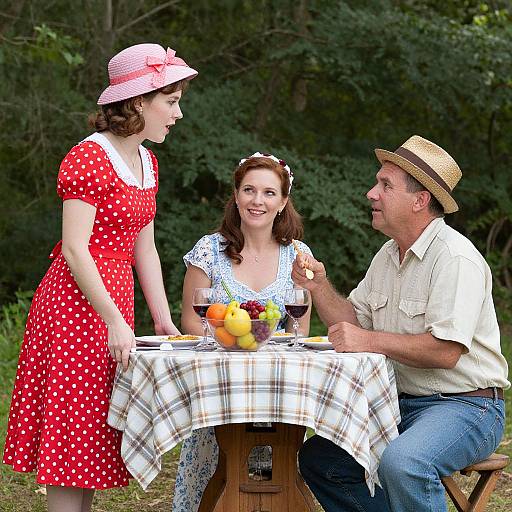 Photograph of a retro-style outdoor picnic: a smiling woman in white lace, a man in a straw hat, and a woman in a red pol